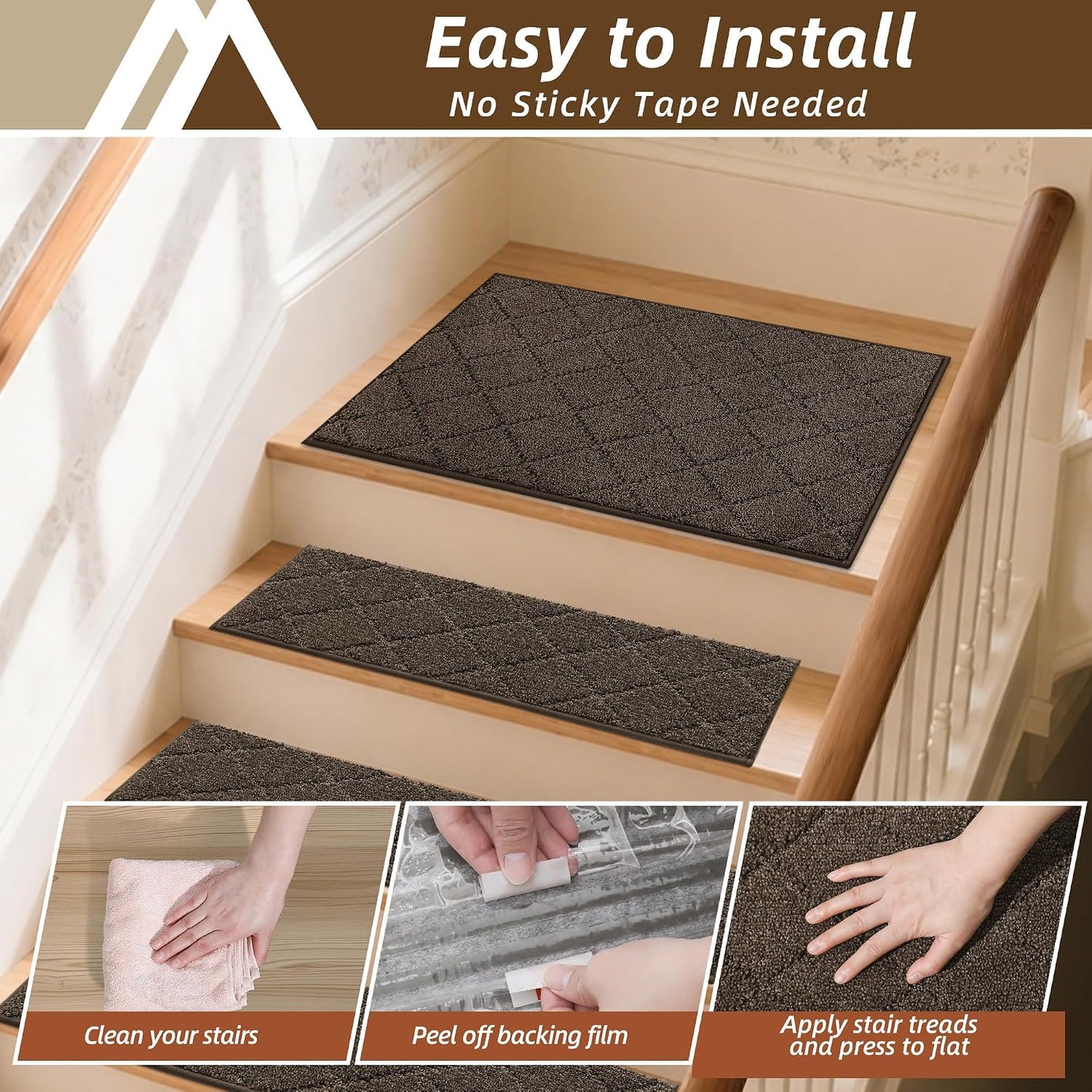COSY HOMEER Edging Stair Treads Non-Slip Carpet Mat 28inX9in Indoor Stair Runners for Wooden Steps, Edging Stair Rugs for Kids and Dogs, 100% Polyester TPE Backing(4pc, Beige)