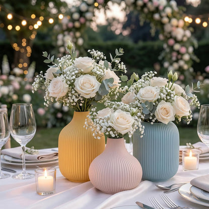 White Ceramic Flower Vases Set of 3, Modern Matte Vertical Ribbed, Nordic Minimalist Decor for Pampas, Dried & Fresh Flowers, Centerpiece for Living Room, Shelf, Entryway, Wedding,Office