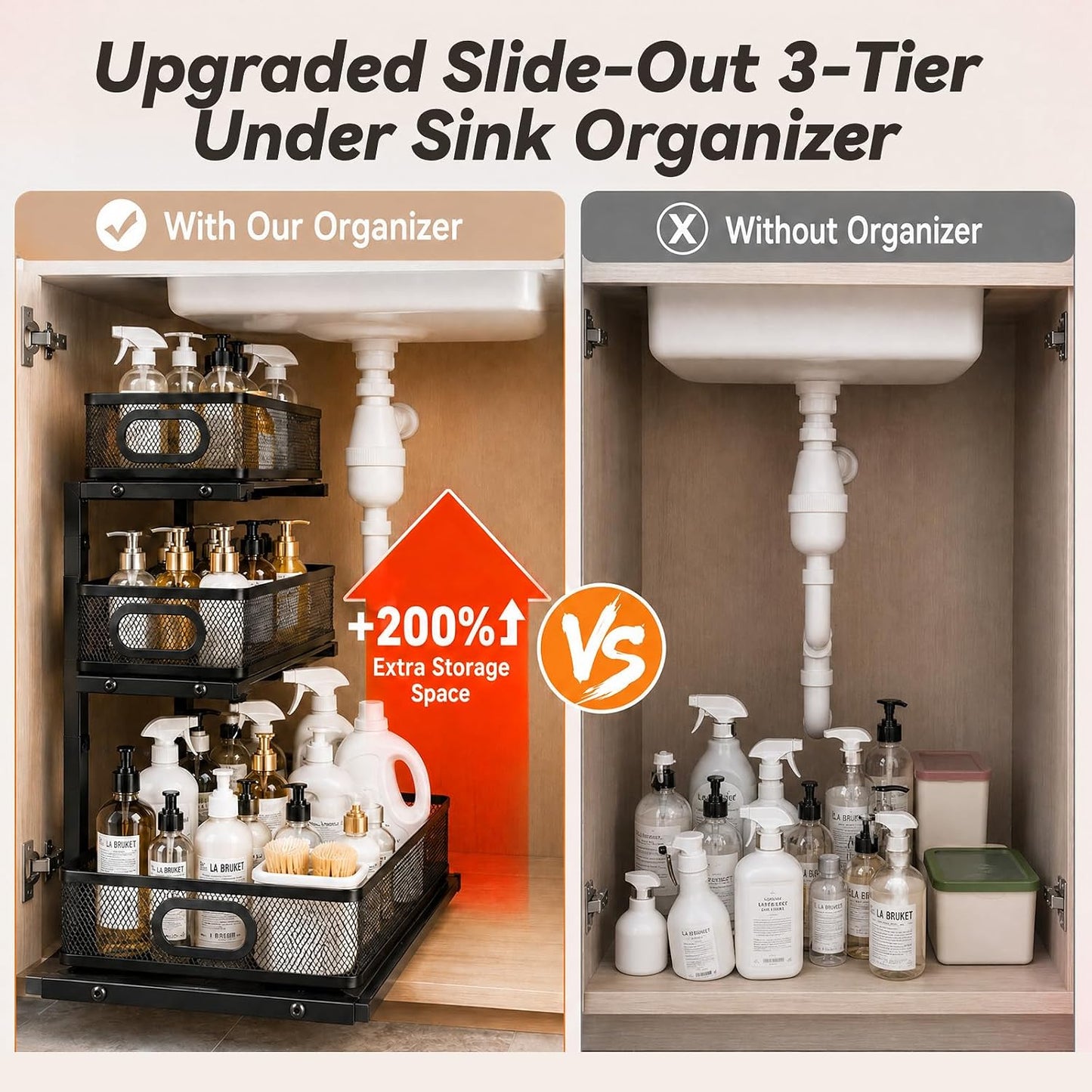 3-Tier Under Sink Organizer 2-Pack Thickened Metal Pull out Cabinet Shelf Height Adjustable Slide Out Drawer Storage Rack for Bathroom Kitchen Pantry Laundry Home Office Organization (Black)