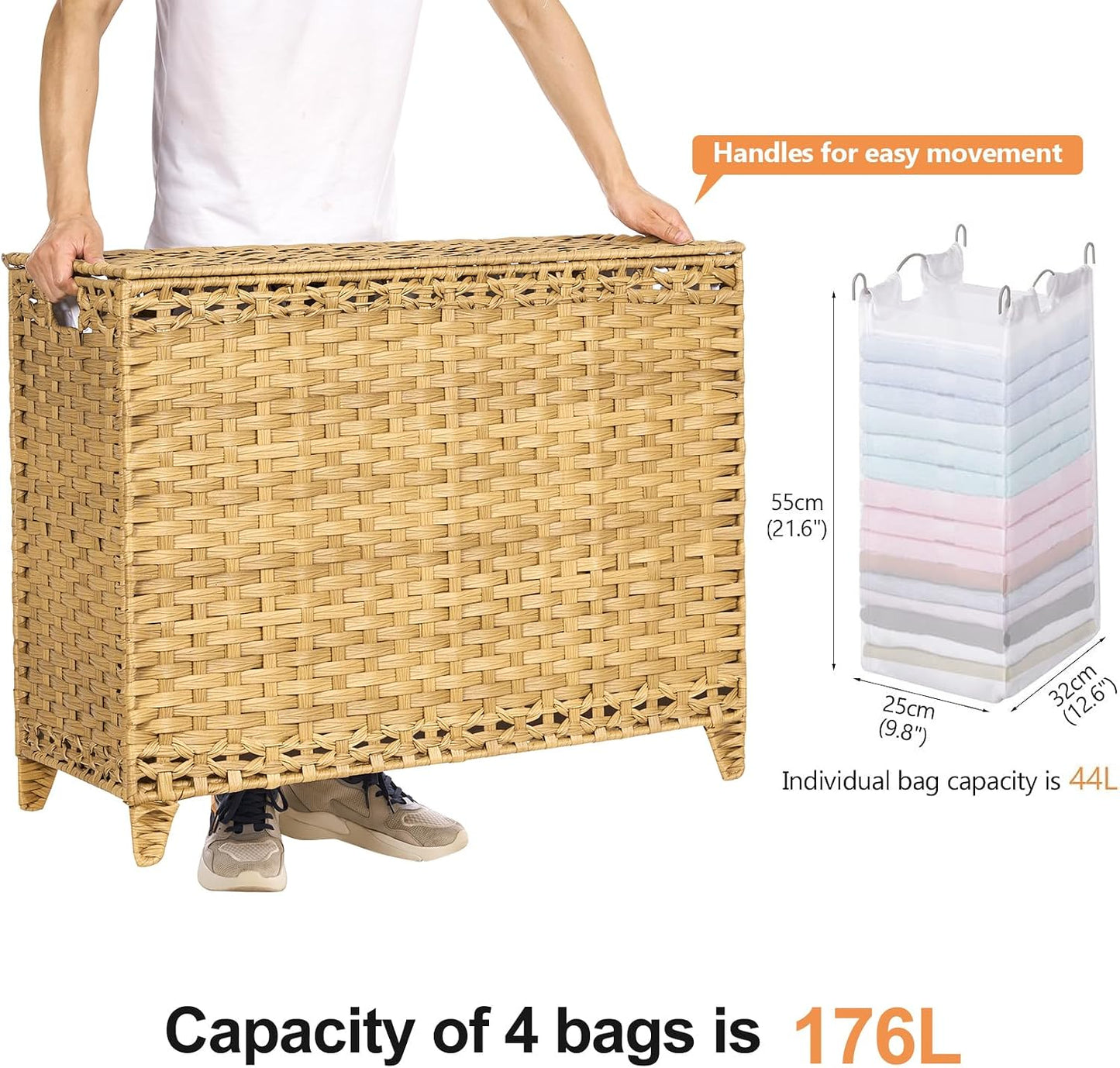 Laundry Hamper with 3 Removable Liner Bags; 132L Handwoven Rattan Laundry Basket with Lid & Heightened Feet; Clothes Hamper with Side Handles; Laundry Sorter with 3 Separate Sections