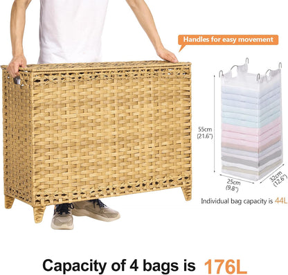 Laundry Hamper with 3 Removable Liner Bags; 132L Handwoven Rattan Laundry Basket with Lid & Heightened Feet; Clothes Hamper with Side Handles; Laundry Sorter with 3 Separate Sections