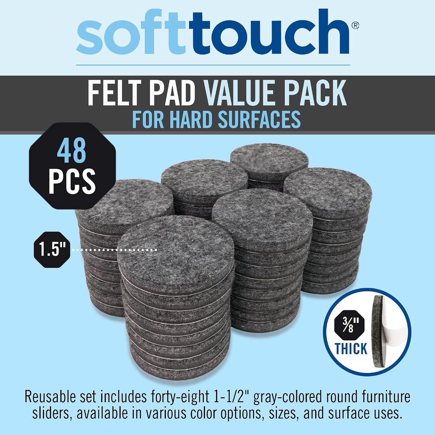 SoftTouch 1.5" Round Reusable Felt Furniture Sliders for Hard Surfaces, Noise-Reducing Adhesive Moving and Protective Pads for Cabinets, Chairs, Tables & Decorative Items Set of 48, Brown