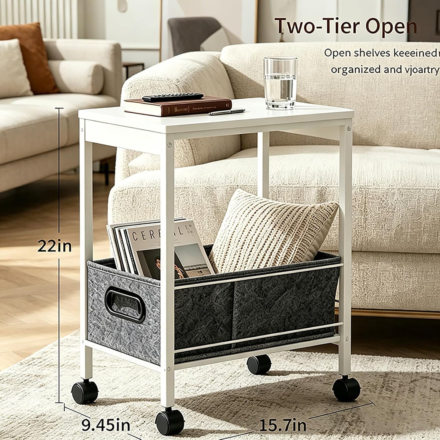 Slim Rolling Cart with Storage Basket,Narrow Metal Utility Cart with Wheels, Mobile Side Table for Small Spaces, Laundry Room, Dorm, White 10" D x 16" W x 22" H,