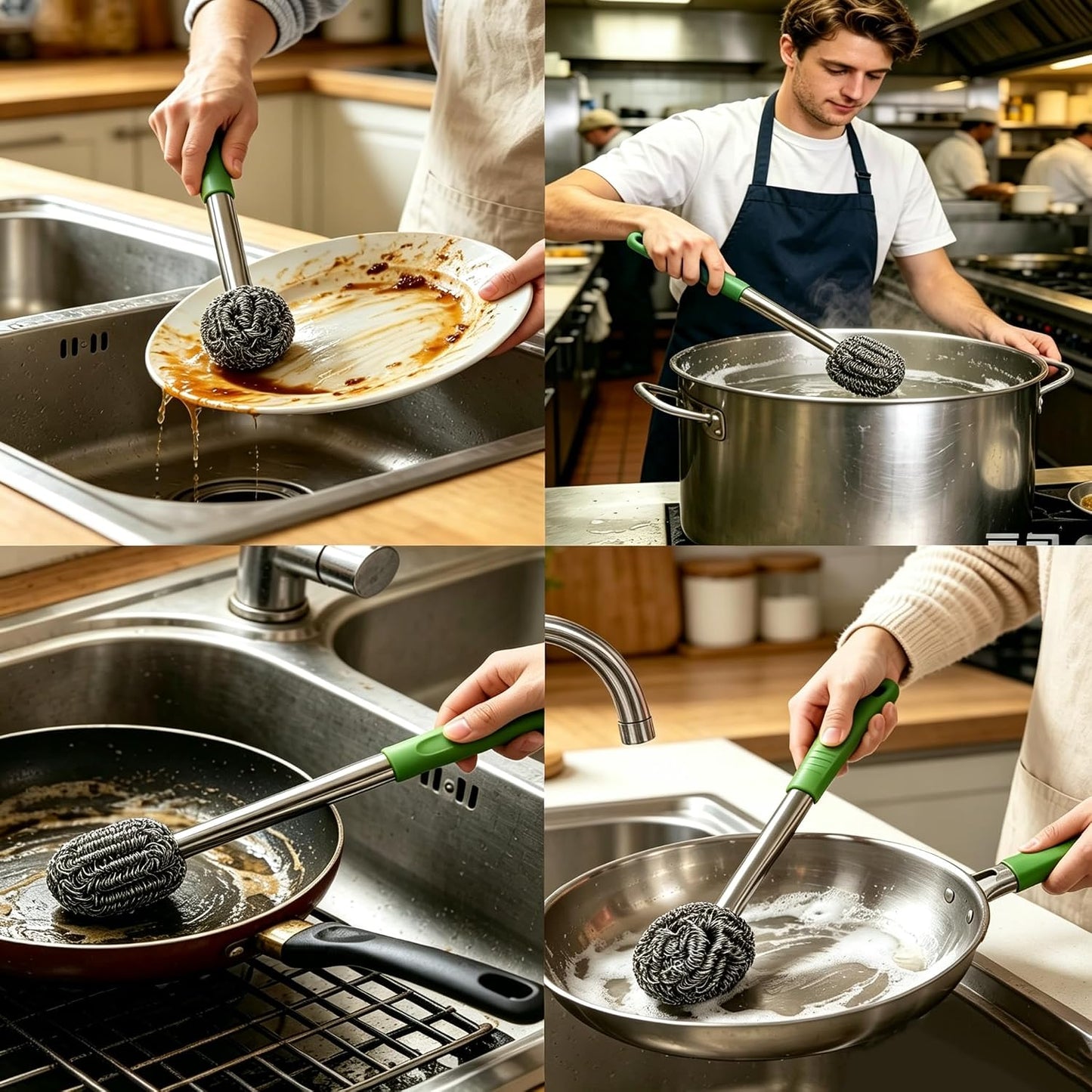 2PCS Steel Wool Scrubber with Handle Rustproof, Cast Iron Scrubber, Stubborn Messes Pot Brush, Remove Dirt for Cleaning Stoves,Sinks Dishes Grills Bowls & Metal Wire Sponge for Kitchens