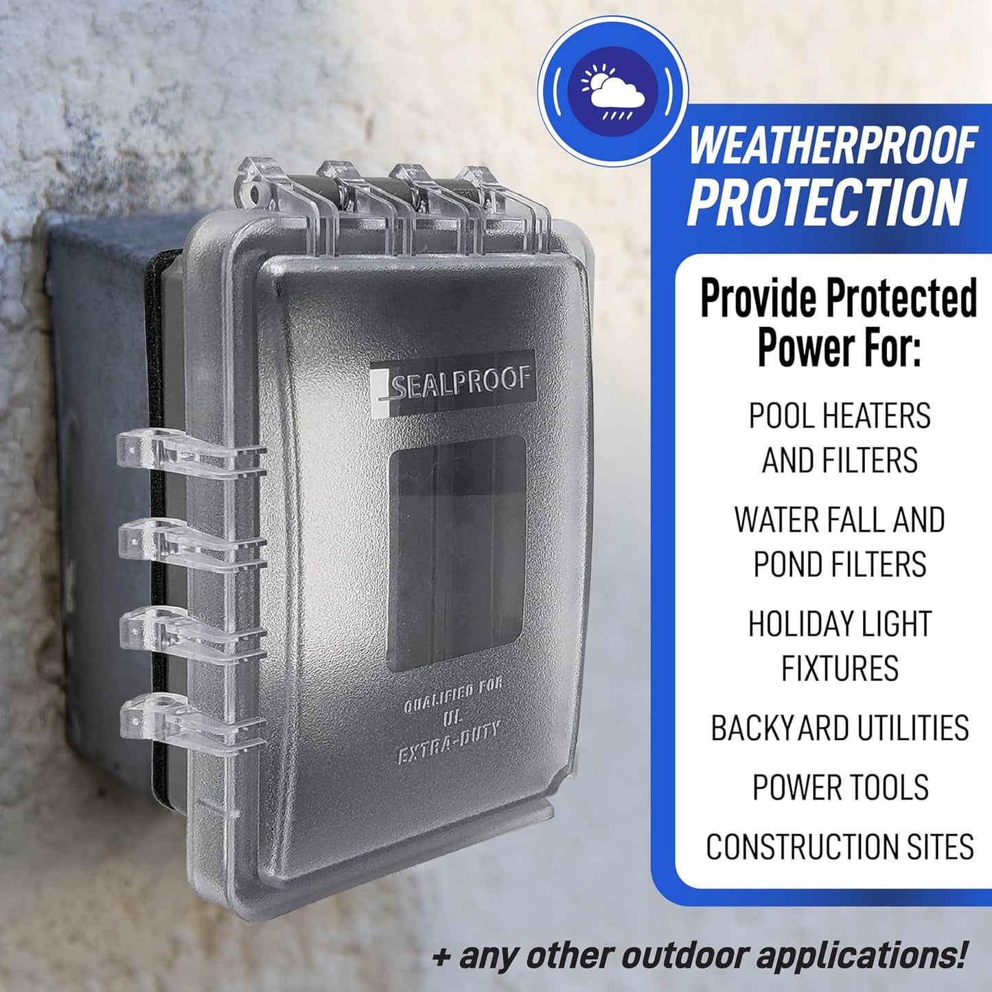 Sealproof 1-Gang Extra Deep Weatherproof in Use Outdoor Duplex Outlet Cover with Box Kit, Lockable, UL Extra Duty Compliant, 18 Configurations