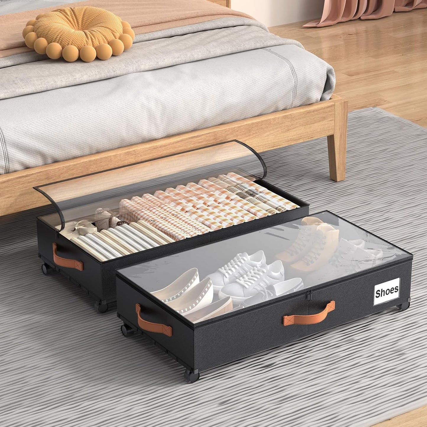 Under Bed Storage Containers with Wheels Large Underbed Shoes Blankets Clothes Toy Storage Drawers for College Dorms Bedrooms Nursery Rooms Organization (Black 2 Pack, 7.5in height(36"x16.6"x7.48"))