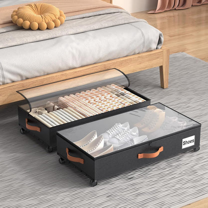 Under Bed Storage Containers with Wheels Large Underbed Shoes Blankets Clothes Toy Storage Drawers for College Dorms Bedrooms Nursery Rooms Organization (Black 2 Pack, 7.5in height(36"x16.6"x7.48"))
