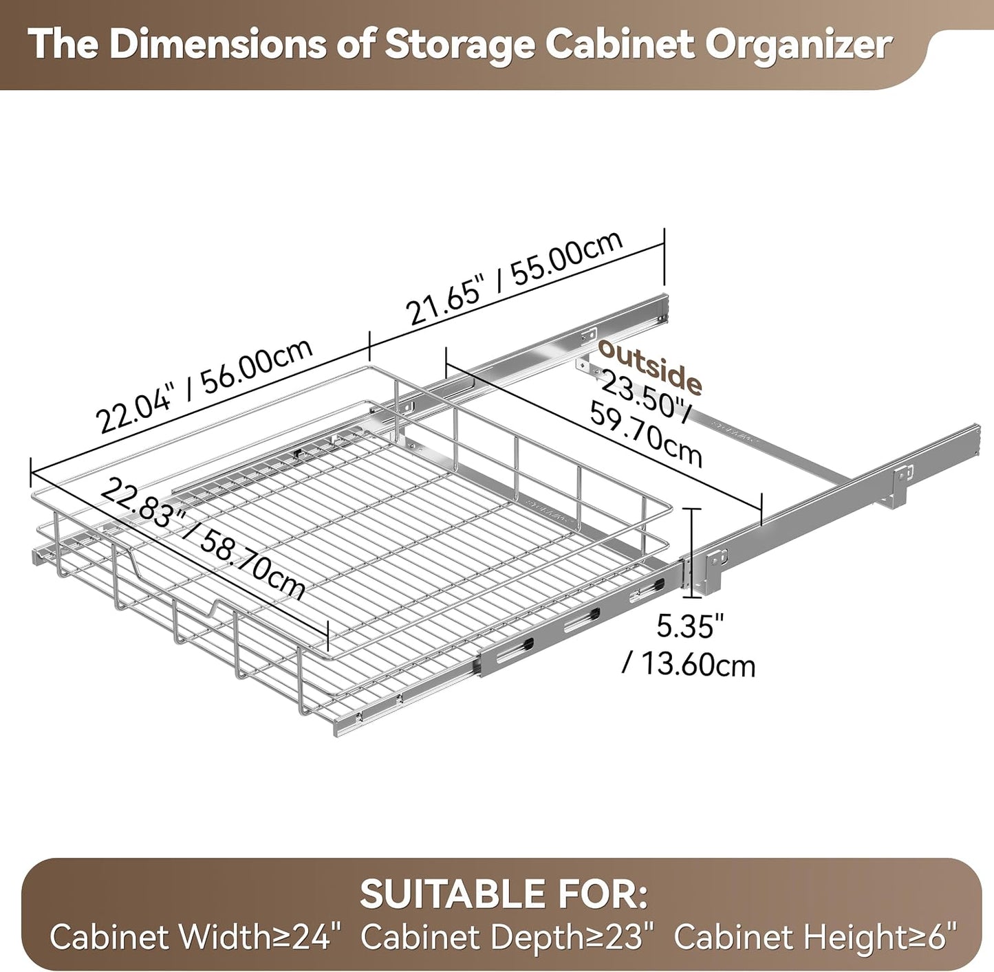 2 Tier Pull Out Cabinet Organizer 11" W X 22" D, Slide Out Drawers For Kitchen Cabinets, Pull Out Drawers For Cabinets Capacity Heavy Duty Caddy, Cabinet Pullout Shelves Chrome-Plated, Bathroom Pantry