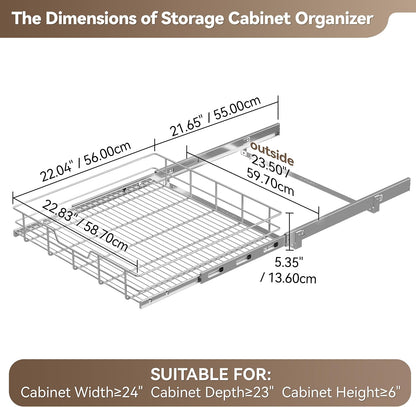 2 Tier Pull Out Cabinet Organizer 11" W X 22" D, Slide Out Drawers For Kitchen Cabinets, Pull Out Drawers For Cabinets Capacity Heavy Duty Caddy, Cabinet Pullout Shelves Chrome-Plated, Bathroom Pantry