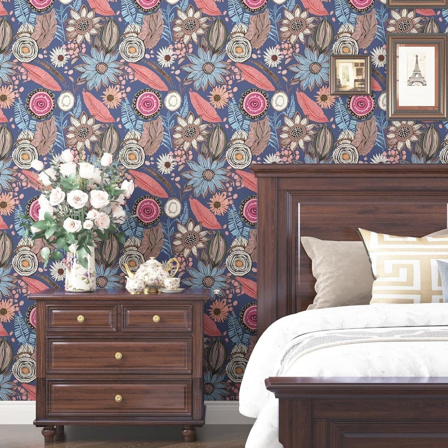 Blue Wallpaper Peel and Stick,Vintage Boho Floral Contact Paper 17.5" x 118", Retro Botanical Flower Wall Paper Self Adhesive Removable Waterproof for Walls Shelves Cabinet Table (Blue,Yellow, Green)