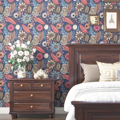 Blue Wallpaper Peel and Stick,Vintage Boho Floral Contact Paper 17.5" x 118", Retro Botanical Flower Wall Paper Self Adhesive Removable Waterproof for Walls Shelves Cabinet Table (Blue,Yellow, Green)