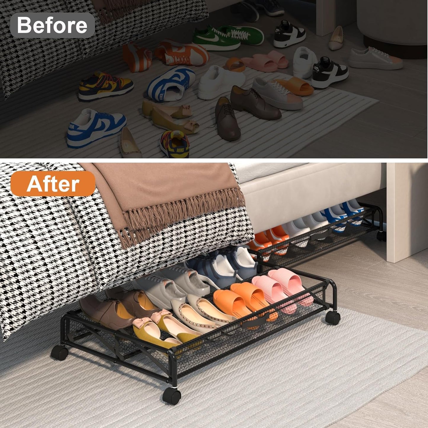 Under Bed Shoe Storage Organizer, Rolling Under Bed Storage Containers with Wheels, Under Bed Shoe Organizer Drawer Space Saving for bedroom