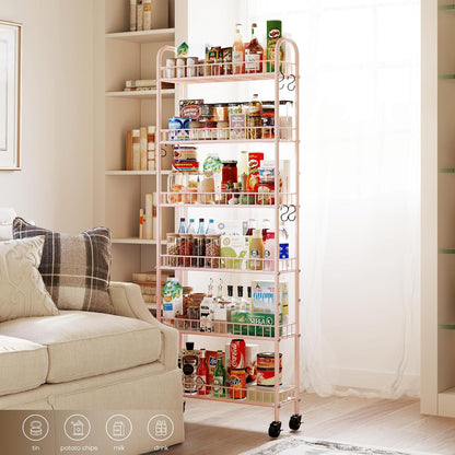 6-Tier Slim Storage Cart, Rolling Kitchen Cart with Wheels | Narrow Metal Shelf Organizer with Hooks for Kitchen, Bathroom, Living Room, Laundry, Small Spaces, Black, 6 in