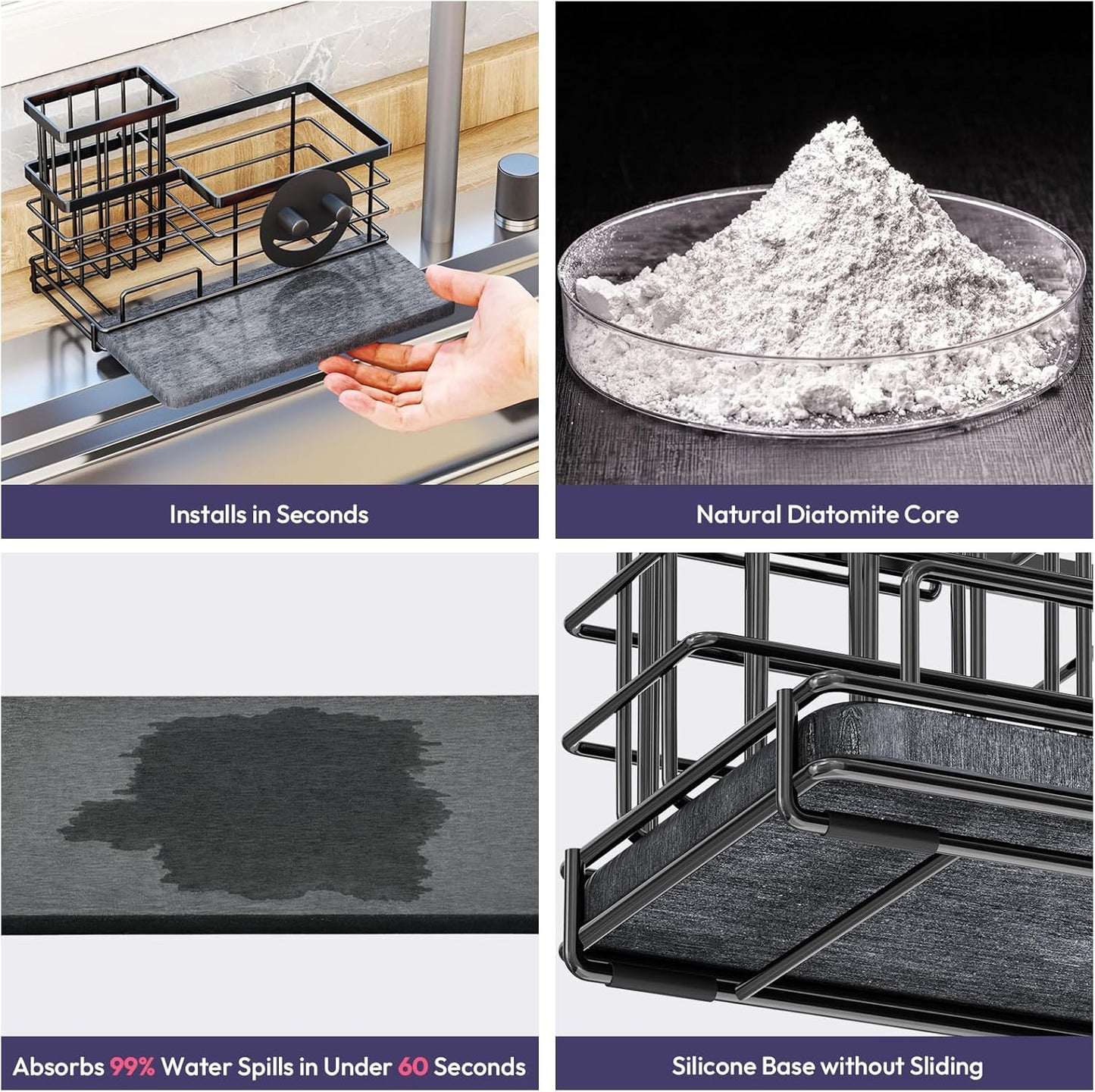 SWTYMIKI Sponge Holder for Kitchen Sink - Sink Caddy with Brush Holder and Stainless Steel Self Drain Tray, Sponge Caddy Organizer with Divider Kitchen Accessories Storage for Countertop, Black