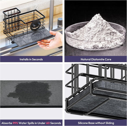 SWTYMIKI Sponge Holder for Kitchen Sink - Sink Caddy with Brush Holder and Stainless Steel Self Drain Tray, Sponge Caddy Organizer with Divider Kitchen Accessories Storage for Countertop, Black