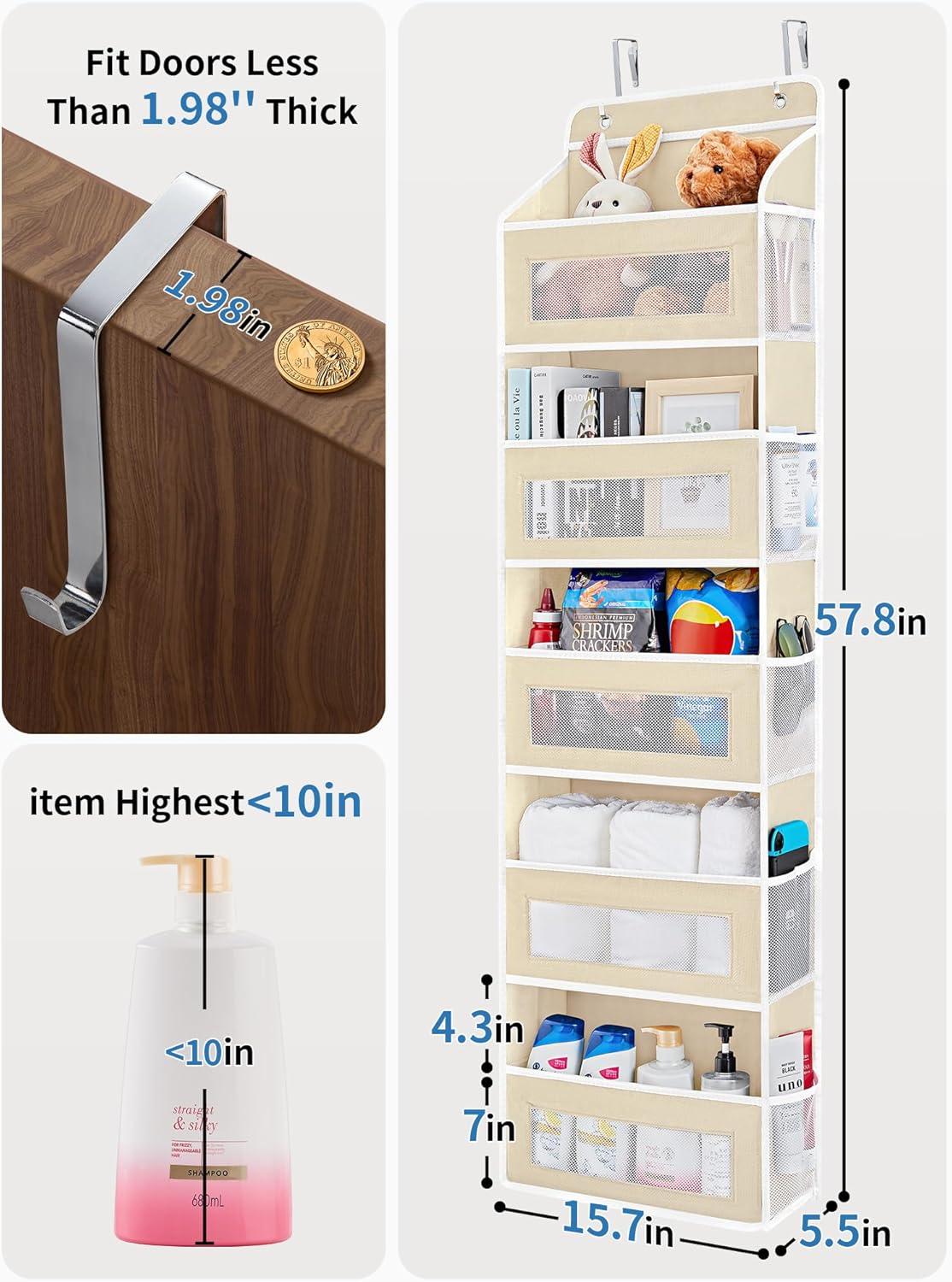 JARLINK 2 Pack Over the Door Organizer Storage, 5 Shelf Hanging Door Organizer with 5 Large Capacity Pockets, Anti Tilt 44 lb Load Behind Door Storage for Bedroom, Bathroom, Pantry, Nursery, (Grey)