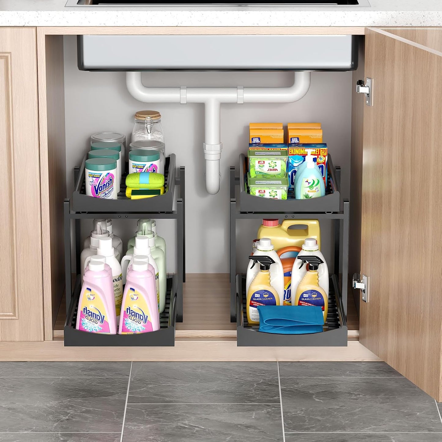Bamboo Under Sink Organizer and Storage, 2 Pack Pull Out Cabinet Organization, 2 Tier Vertical Slide Out Undersink Storage Shelf, Multi-Purpose Organizer Shelves for Kitchen Bathroom Medicine