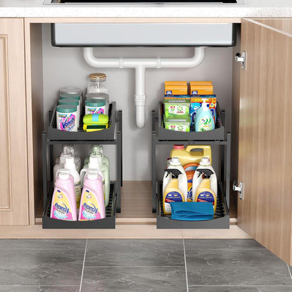 Bamboo Under Sink Organizer and Storage, 2 Pack Pull Out Cabinet Organization, 2 Tier Vertical Slide Out Undersink Storage Shelf, Multi-Purpose Organizer Shelves for Kitchen Bathroom Medicine