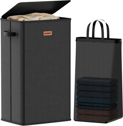 185L Laundry Hamper 3 Section, Laundry Hamper with Lid, Dirty Clothes Hamper with 3 Removable Washing Bags, Extra Large Laundry Basket Organizer for Bedroom, Laundry Room, Dorm - Black