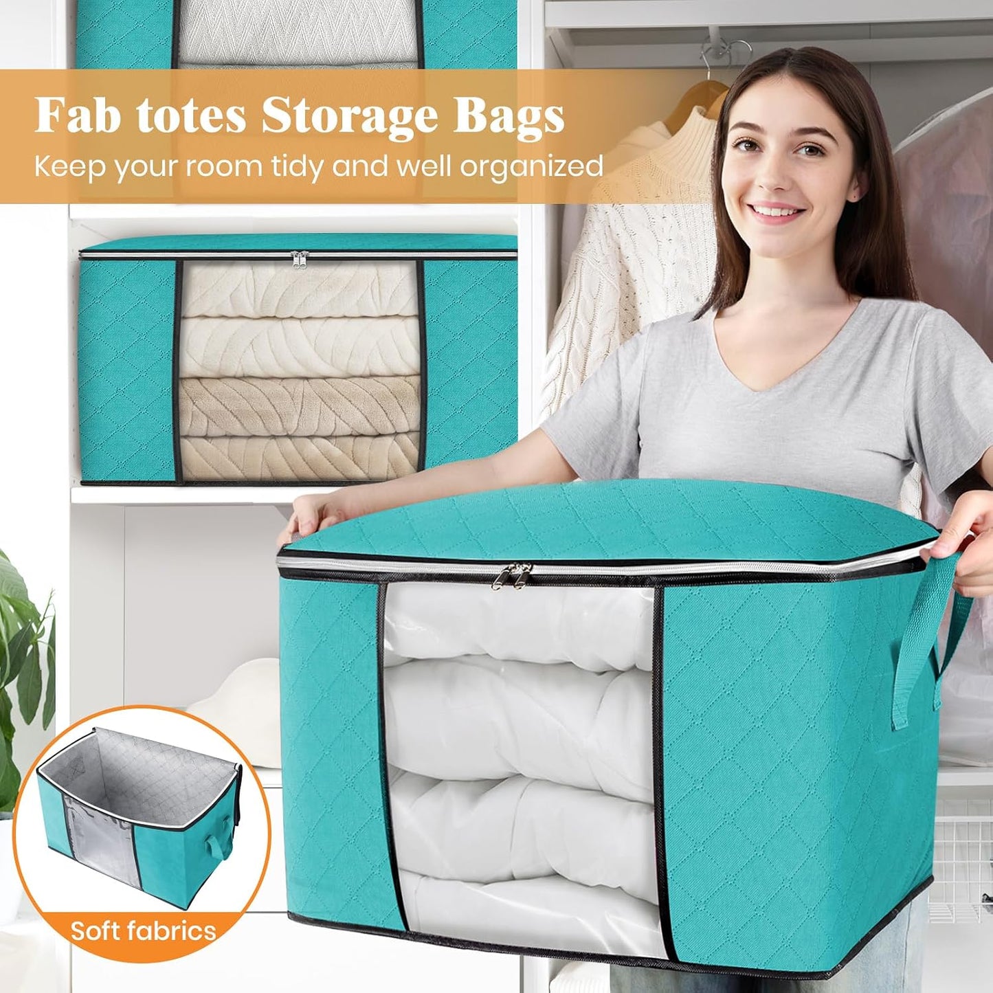 Fab totes 6 Pack Storage Bags for Clothes and Blanket, Foldable Closet Organizers and Storage with Zippers, Clear Window and Handles, Fabric Storage Bins for Sweater, Comforter, Bedding,Linen Sheets
