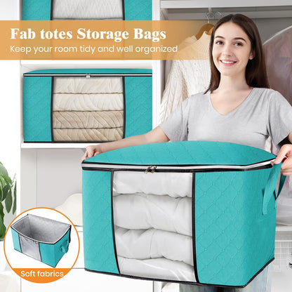 Fab totes 6 Pack Storage Bags for Clothes and Blanket, Foldable Closet Organizers and Storage with Zippers, Clear Window and Handles, Fabric Storage Bins for Sweater, Comforter, Bedding,Linen Sheets