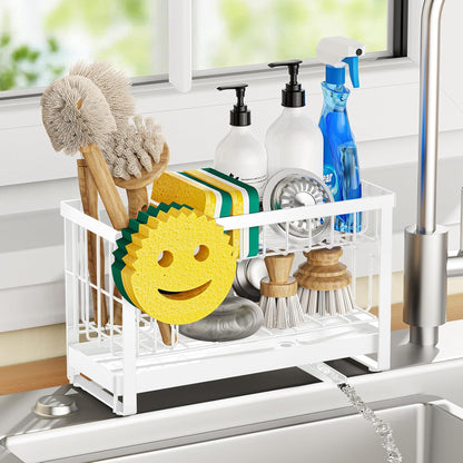 Sponge Holder for Kitchen Sink,Smiley Face Sink Caddy with Removable Brush Holder,Self-Draining Sponge Caddy for Soap,Dish Brush,Scrubber,Kitchen Essentials and Gadgets-Silver