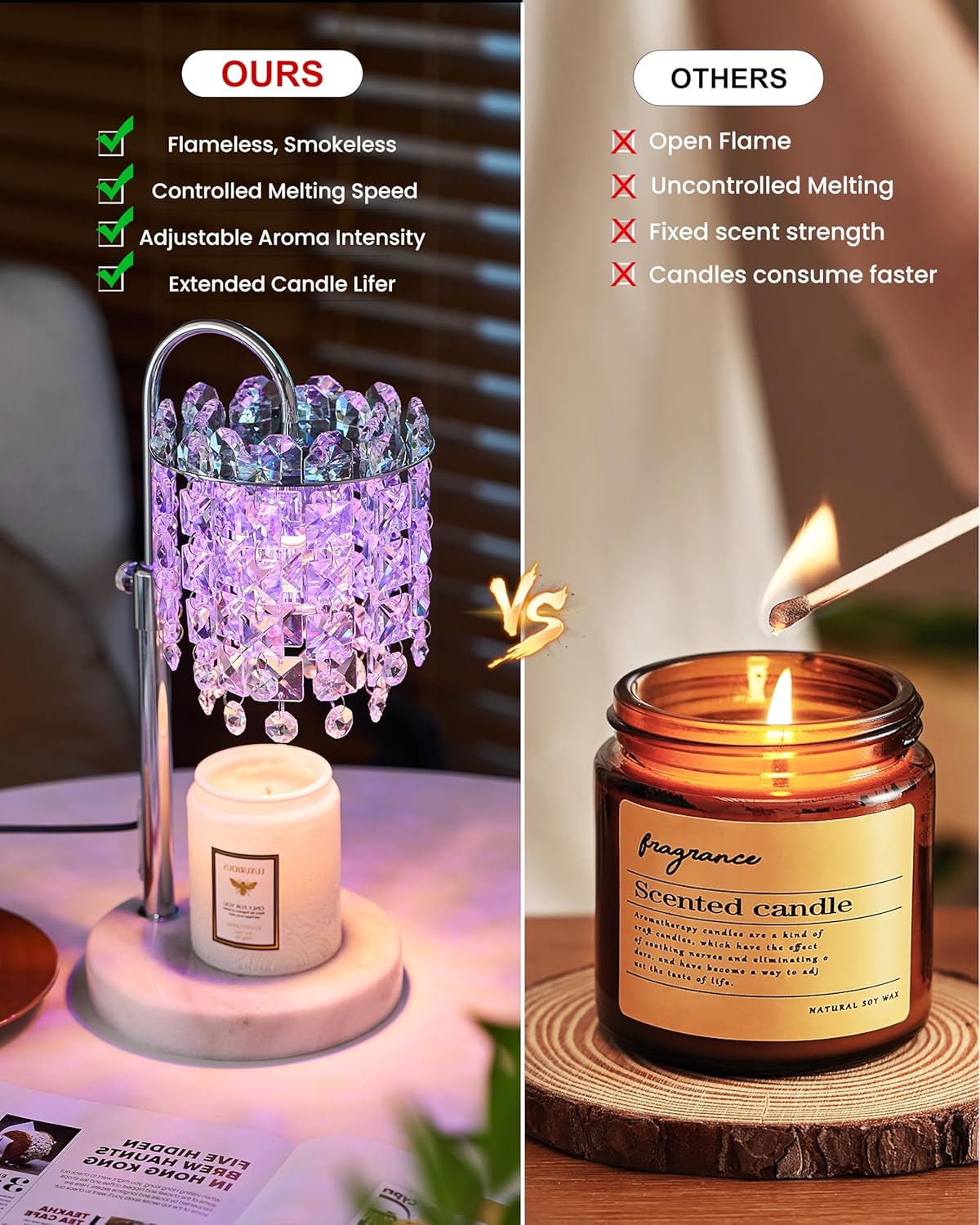 Candle Warmer Lamp with Timer Dimmer Adjustable Height Candle Warmer with Marble Base for Jar Candles, Crystal Candle Lamp with 3 Bulbs for New Home Decor, Women Mom Christmas Birthday Gifts, Silver