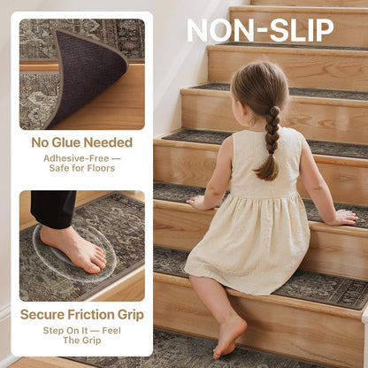 sarben Non Slip Stair Treads for Wooden Steps 15PCS - 8"x30" Indoor Safety Carpet, Edging Mats with TPE Adhesive Backing, Pet and Elderly Friendly Stair Rugs (Taupe) - Colors B