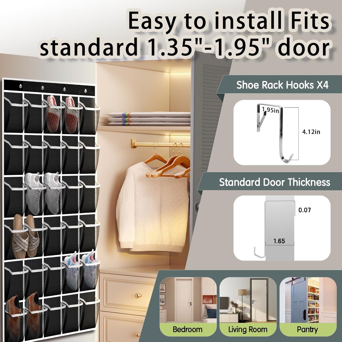 Kotkn Over the Door Shoe Organizer with 30 Breathable Mesh Pockets - Large Capacity Closet Storage for Men & Women, Hanging Shoe Rack Organizer (Gray)
