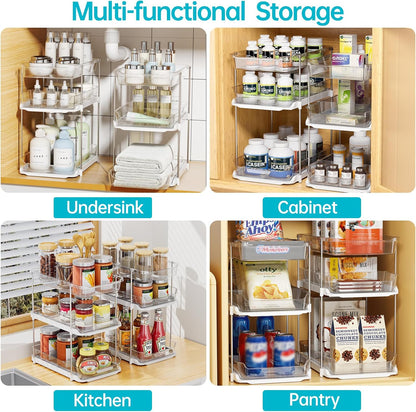 Delamu 2 Sets of 3-Tier Bathroom Under Sink Organizers and Storage, Multi-Purpose Stackable Pantry Organization and Storage, Pull Out Clear Kitchen Bathroom Cabinet Organizer with Movable Dividers | Storage
