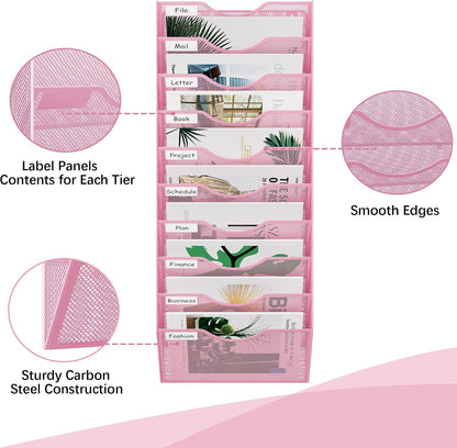 EasyPAG 5 Pocket Mesh Wall File Organizer with Key Hooks, Hanging Paper Folder Holder with Classify Label, Vertical Wall Mount Mail Organizer for Office Home Classroom, Black