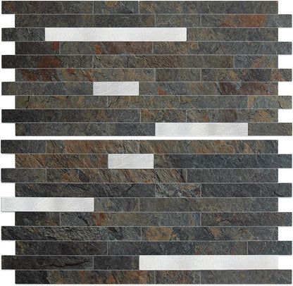 AULIGET 20 Sheets Peel and Stick Backsplash, Black & Grey Wood Look PVC Mixed Metal Stick on Backsplash Tiles for Kitchen