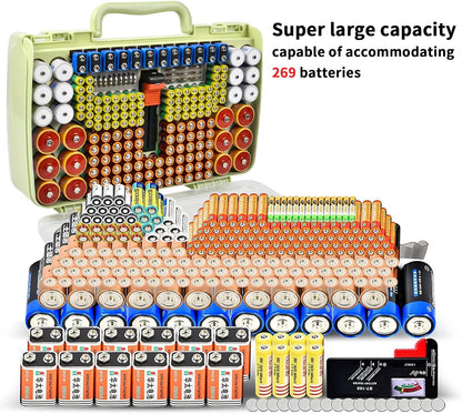 Battery Organizer Storage Case with Tester for 269 Batteries, Double Sides | Plastic, For AA AAA 4A C D Cell 9V 3V LR44 CR2 CR123 CR1632 18650 Button, Wall/Drawer, For Families/DIY/Home/Garage, Grey