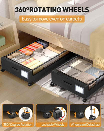 Under Bed Storage With Wheels, 2 Pack Square Containers, 60L Bins, Rolling Metal Drawer for Clothes, Blankets, Shoes