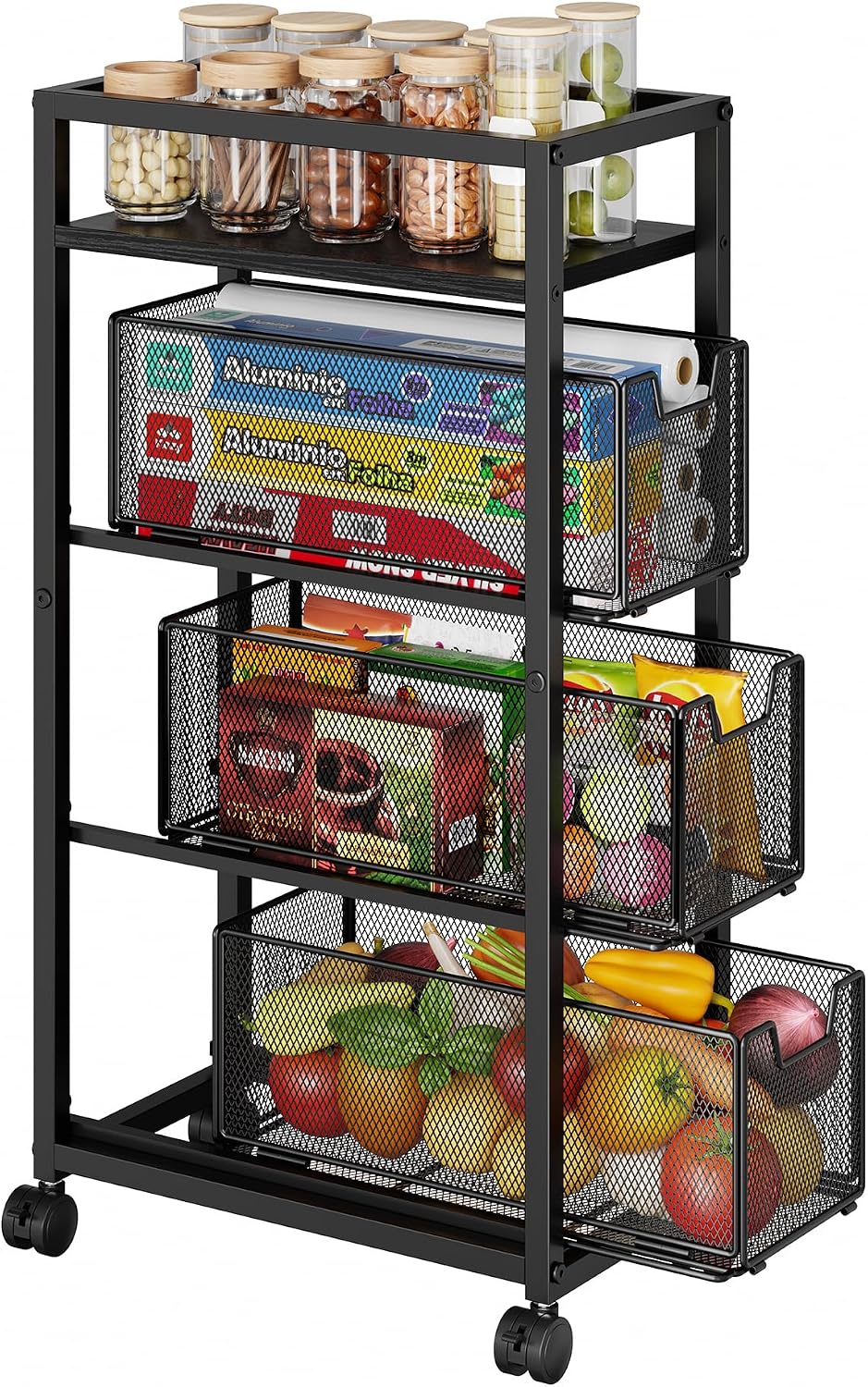 4 Tier Kitchen Rolling Cart, Kitchen Storage Cart with Wheels, Adjust Pantry Organizer and Storage Cart with Drawer, Fruit Vegetable Spice Storage Cart, Wooden Top Metal Kitchen Organizer Rack Stand