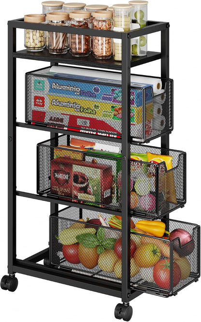 4 Tier Kitchen Rolling Cart, Kitchen Storage Cart with Wheels, Adjust Pantry Organizer and Storage Cart with Drawer, Fruit Vegetable Spice Storage Cart, Wooden Top Metal Kitchen Organizer Rack Stand