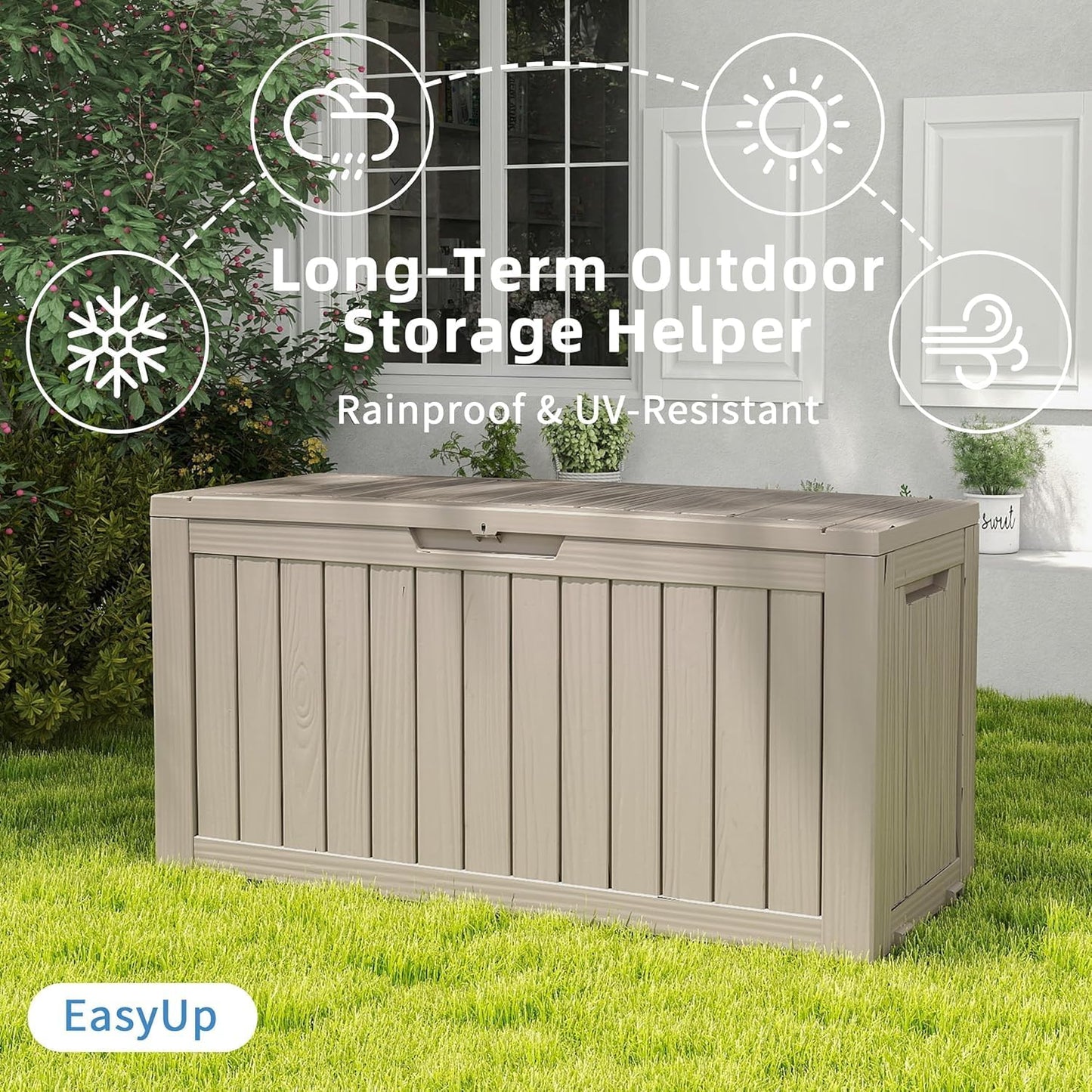 EasyUp 33 Gallon Resin Deck Box Waterproof, UV Resistant Outdoor Storage Box for Delivery, Porch, Patio and Garden, Stripe Black