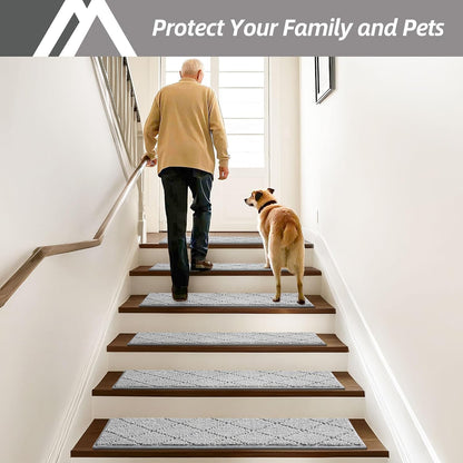 COSY HOMEER Edging Stair Treads Non-Slip Carpet Mat 28inX9in Indoor Stair Runners for Wooden Steps, Edging Stair Rugs for Kids and Dogs, 100% Polyester TPE Backing(4pc, Beige)