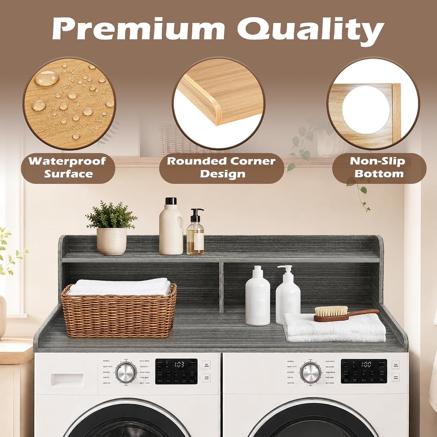 Royxen Laundry Countertop with 2-Tier Shelf Universal Fit, Washer and Dryer Countertop with Storage Space, Shelf Height 11.5 Inches, Solid Wood Core, Oak