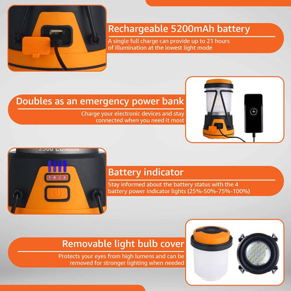LED Camping Lantern Rechargeable, 1800LM, 4 Light Modes, 4400mAh Power Bank, IP44 Waterproof, Perfect Lantern Flashlight for Hurricane, Emergency, Power Outages, Home and More, USB Cable Included
