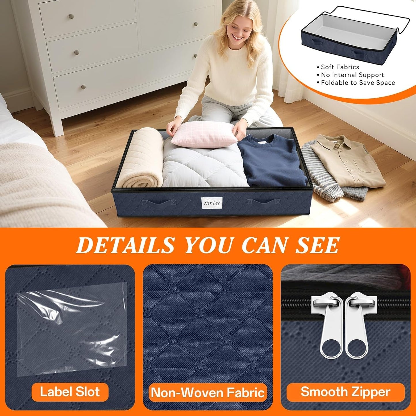 SpaceWhisper 90L Under Bed Storage Containers, 4-Pack Storage Bins with Clear Top, Foldable Closet Organizers and Storage with Label Holder for Clothing, Blankets, Comforter & Pillows (Grey)