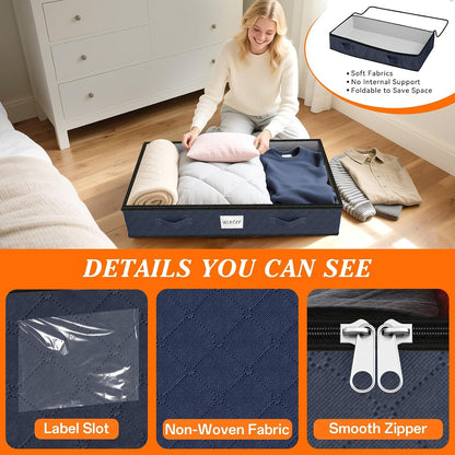 SpaceWhisper 90L Under Bed Storage Containers, 4-Pack Storage Bins with Clear Top, Foldable Closet Organizers and Storage with Label Holder for Clothing, Blankets, Comforter & Pillows (Grey)