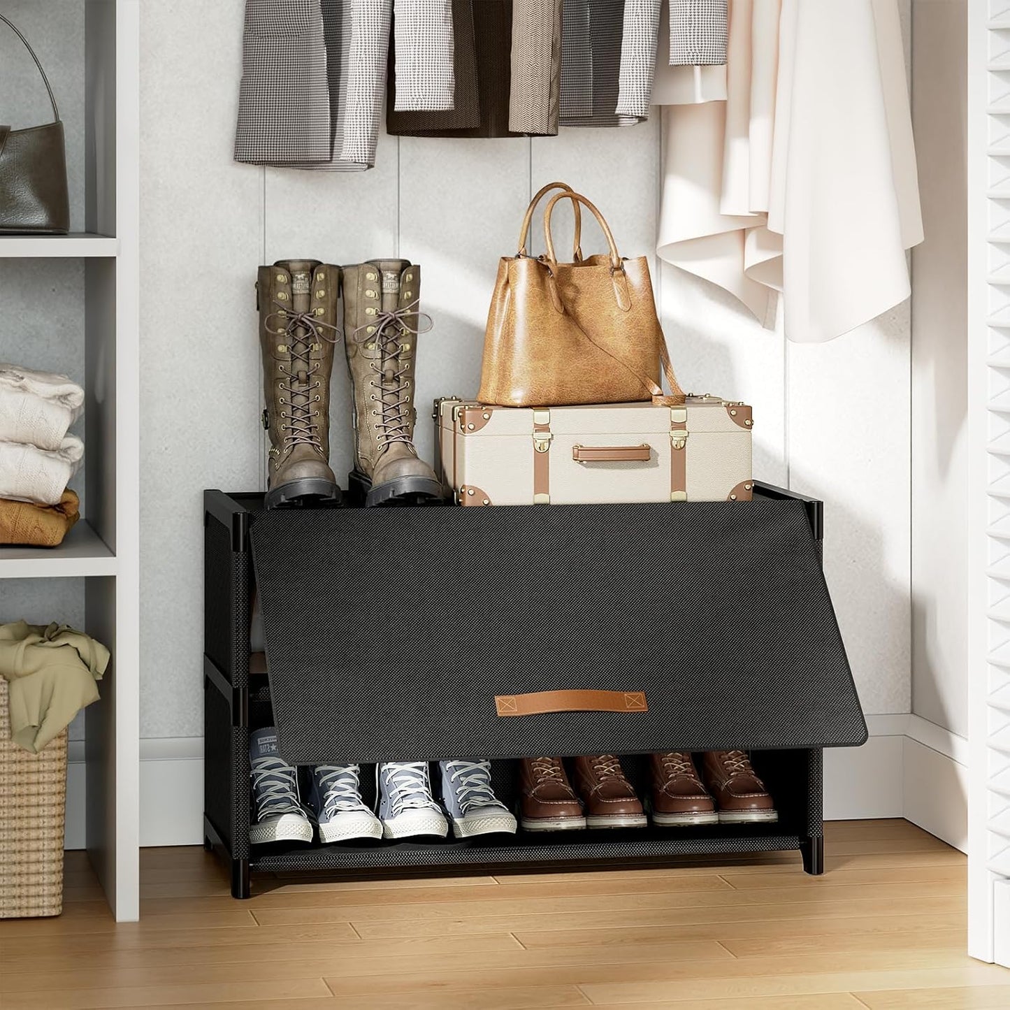 Shoe Rack, 5 Tier Shoe Storage Cabinet with Door 20 Pair Plastic Shoe Shelves Organizer for Closet, Entryway, Hallway, Bedroom, Black