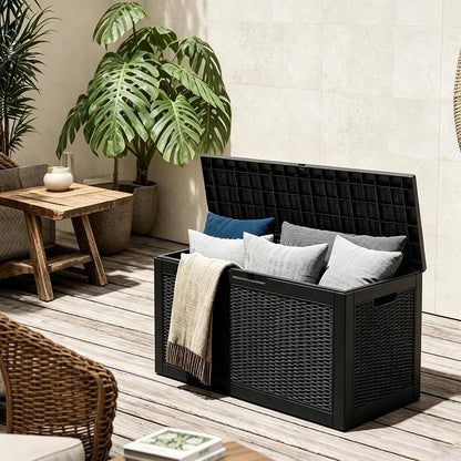 Outdoor Deck Storage Box,Resin Deck Boxes Indoor and outdoor, Waterproof Storage Box Lockable Lid (Black,35 Gallon)