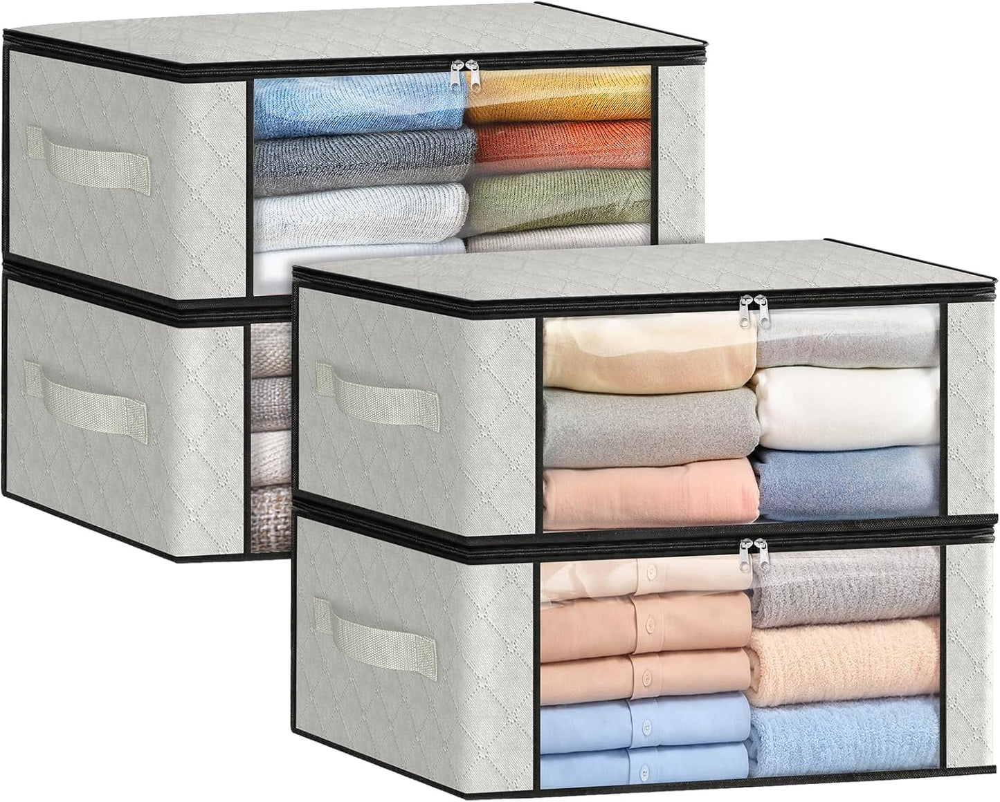 Fab totes 6 Pack Storage Bags for Clothes and Blanket, Foldable Closet Organizers and Storage with Zippers, Clear Window and Handles, Fabric Storage Bins for Sweater, Comforter, Bedding,Linen Sheets