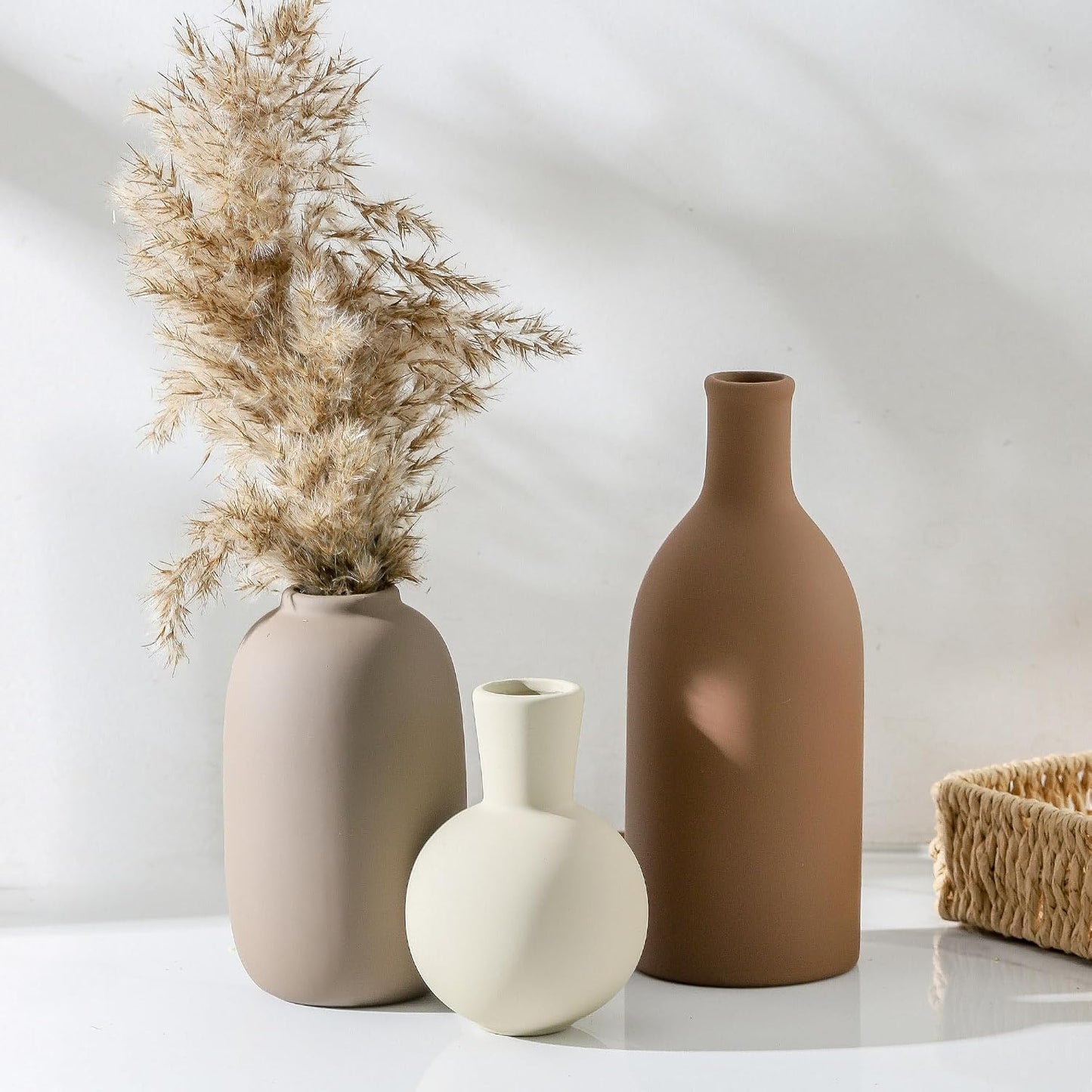 Ceramic Vase Set of 3, Decorative Vases Home Decor Modern Neutral Flower Pampass Boho Vase for Living Room, Table, Mantel, Entryway, Bookshelf, Kitchen, Bedroom, Bathroom - White