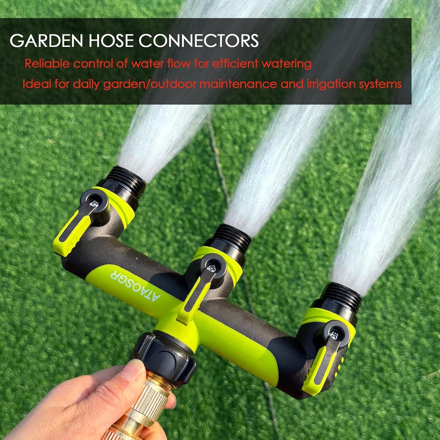 ATAOSGRGarden Hose Splitter 3 Way, 3/4" Outdoor Faucet Splitter, Tap Connector with On/Off Valves and Extended Handle, Tap Adapter Garden Hose Connector for Garden Outdoor Home - Greens