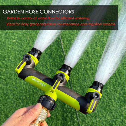 ATAOSGRGarden Hose Splitter 3 Way, 3/4" Outdoor Faucet Splitter, Tap Connector with On/Off Valves and Extended Handle, Tap Adapter Garden Hose Connector for Garden Outdoor Home - Greens