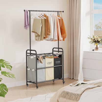 Tajsoon Laundry Hamper with Hanging Rack, 3 Section Laundry Sorter with Heavy Duty Lockable Wheels, Laundry Basket Organizer for Dirty Clothes Storage, 3 Beige