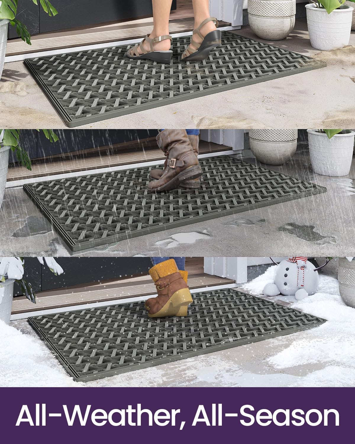 DEXI Front Door Mat Outside Entrance Rubber 19x30, Welcome Floor Doormat Heavy Duty Non Slip, Dirt Trapper Waterproof Exterior Entry Mats All Weather for Patio Entryway Drainage, Black